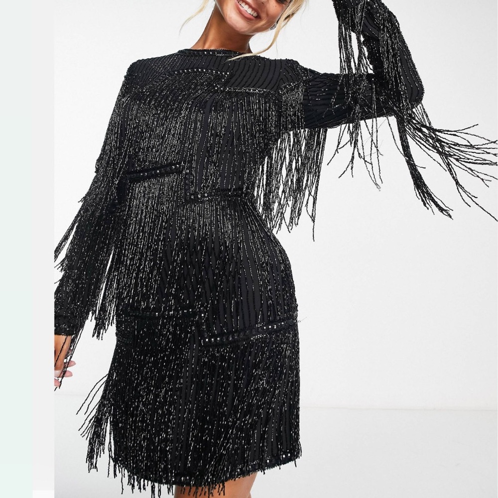 US6/M embellished shift mini dress beaded fringe tassels layered - Picture 6 of 6